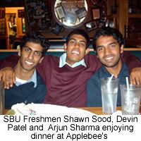 SBU Freshmen Shawn Sood, Devin Patel and Arjin Sharma enjoying dinner at Applebee's