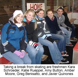 Taking a break from skating are Kara Schroeder, Katie Rueppel, Amy Button, Amber Moore, Greg Benisatto and Javier Quinones