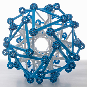 The compound of 12 triangular prisms using blue connector balls and Y3 struts in white