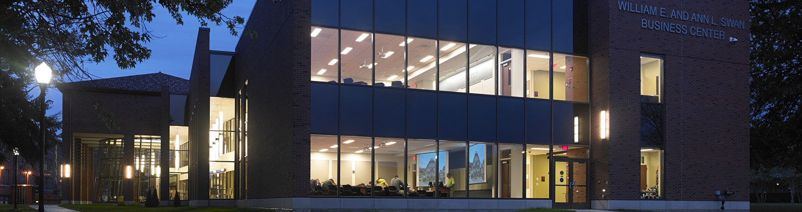 Swan Business Center at night