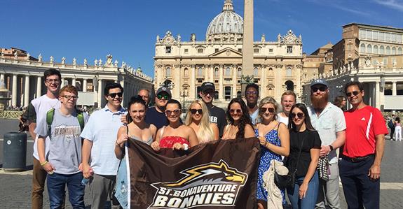 Perugia students at the Vatican in Rome Perugia students holding a Bonnies banner outside the Vatican in Rome