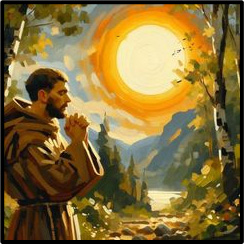 A friar praying outside in nature.