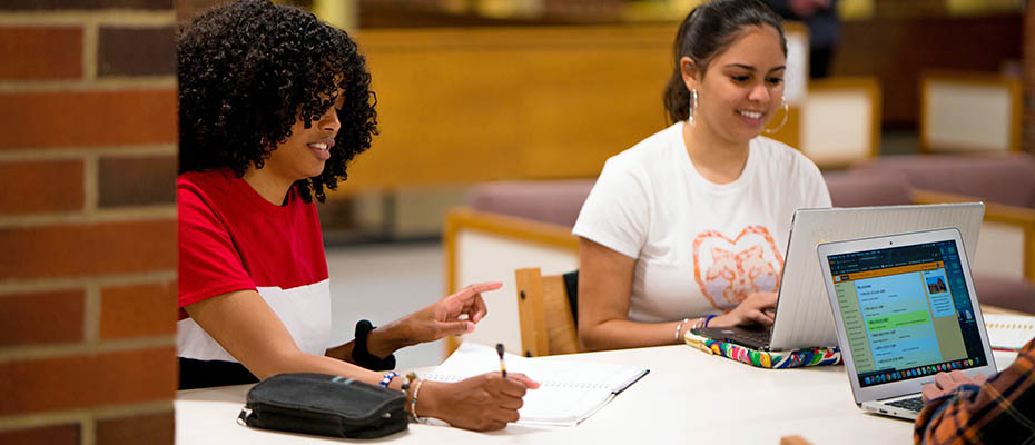 Students working together at a table in the library