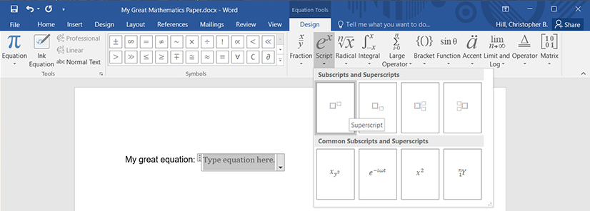 microsoft word equation writer subscript