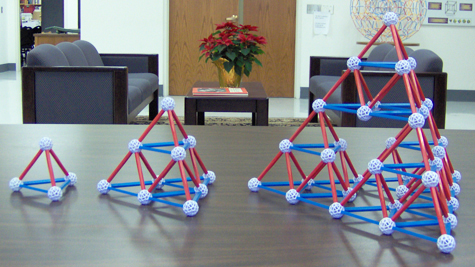 Stage-0, stage-1, and stage-2 Sierpinski tetrahedra made from Zometool.