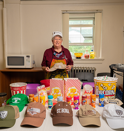 Pictured_Sr Paula Scraba OSF in Devereux Hall, hosting Popcorn Tuesday