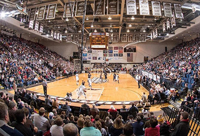 Game day photo of a packed Reilly Center Arena