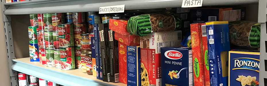 Shelves of food at the SBU Food Pantry