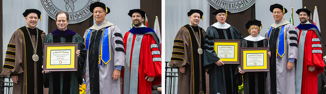John Broderick (left) and Jim and Carol Stitt received honorary degrees