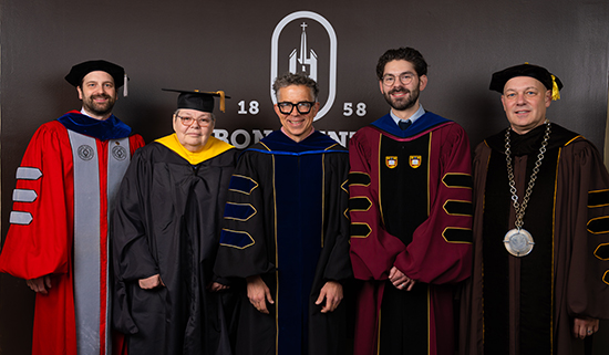 Kwiatkowski, Harris and Belfield with Provost Hilmey (left) and President Gingerich (right)