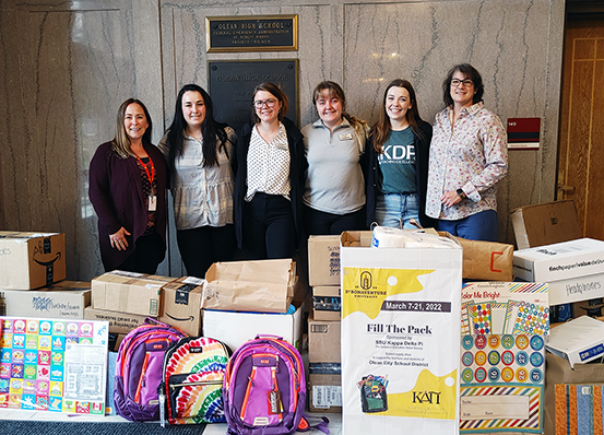 Pictured are Olean School District business administrator Jenny Bilotta (left), SBU students Lauren Sparacio, Dyllon Gartley, Grace Weber and Victoria Cleary, and Olean Interim Superintendent Dr. Karen Geelan.