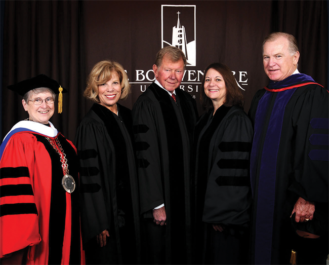 A 2010 image of SBU President Emeritus Sr. Margaret Carney, O.S.F. (from left), Marianne Letro Laine, Erick Laine, Board of Trustees Vice Chair Deb Henretta, and Trustee Emeritus John R. McGinley Jr., Esq