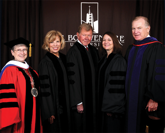 St. Bonaventure Laines_Honorary_degrees A 2010 image of SBU President Emeritus Sr. Margaret Carney, O.S.F. (from left), Marianne Letro Laine, Erick Laine, Board of Trustees Vice Chair Deb Henretta, and Trustee Emeritus John R. McGinley Jr., Esq