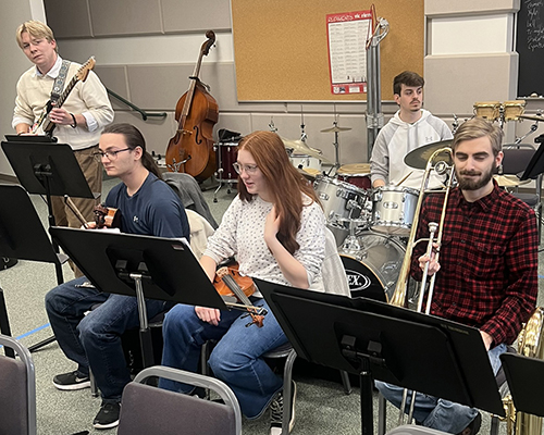 SBU Jazz Band students rehearsing